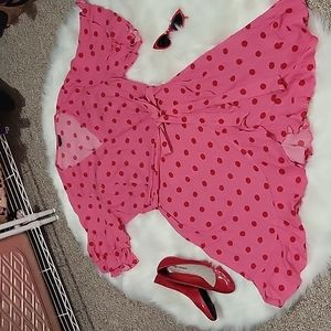 City chic faux wrap hot pink dress with red polka dots